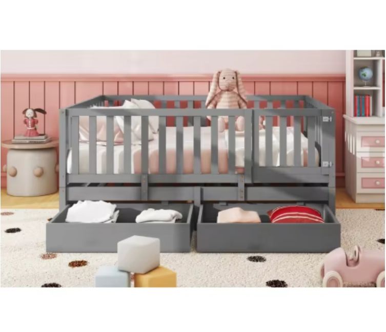 Good Quality Solid Wood Queen Size Children Bed Comes With A Detachable Fence And Two Drawers Montessori Floor Bed