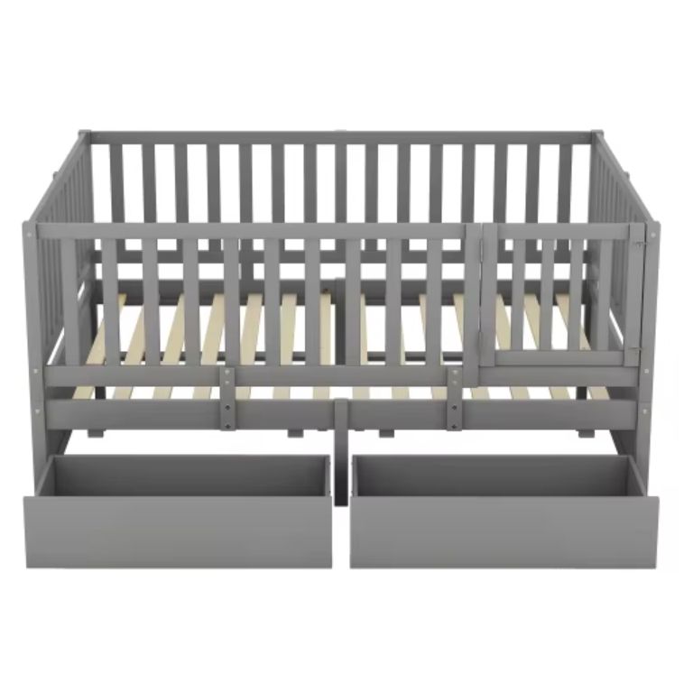 Good Quality Solid Wood Queen Size Children Bed Comes With A Detachable Fence And Two Drawers Montessori Floor Bed