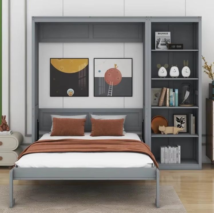 Elegant Solid Oak Queen-Size Murphy Bed with Wall-mounted Shelves Elegant Wood Panel Style