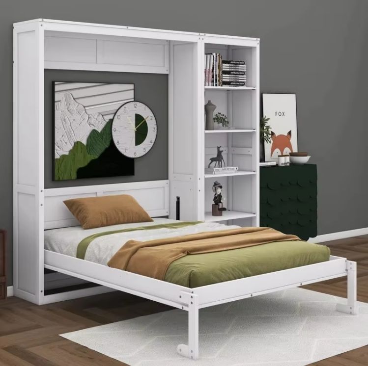 Elegant Solid Oak Queen-Size Murphy Bed with Wall-mounted Shelves Elegant Wood Panel Style