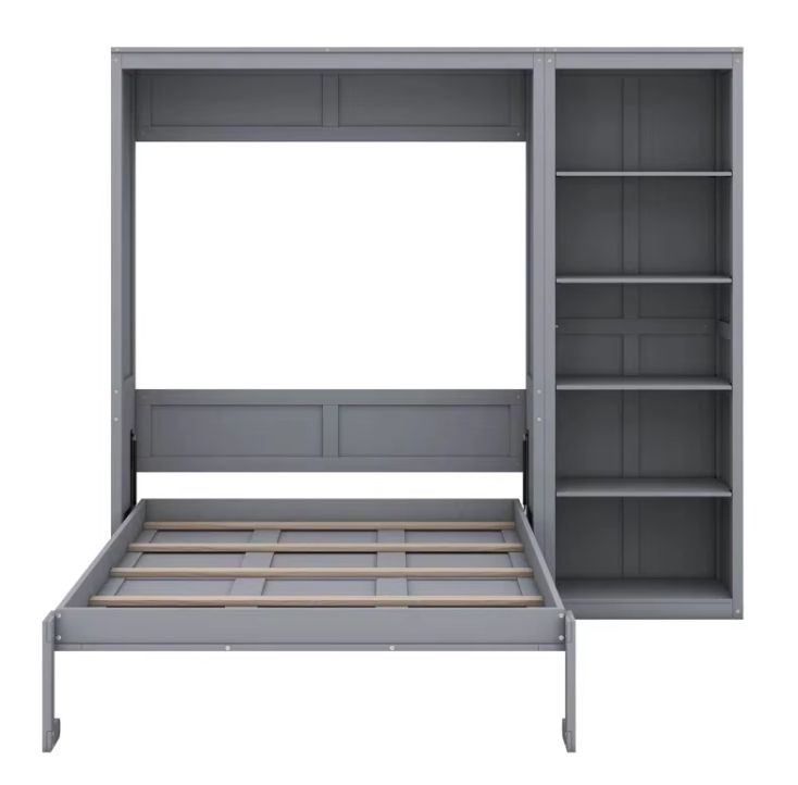 Elegant Solid Oak Queen-Size Murphy Bed with Wall-mounted Shelves Elegant Wood Panel Style