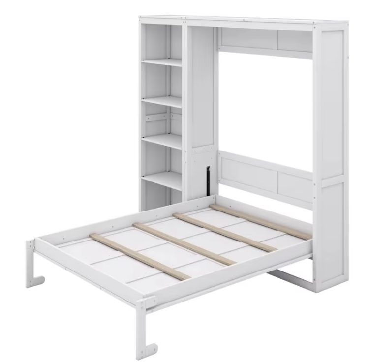 Elegant Solid Oak Queen-Size Murphy Bed with Wall-mounted Shelves Elegant Wood Panel Style