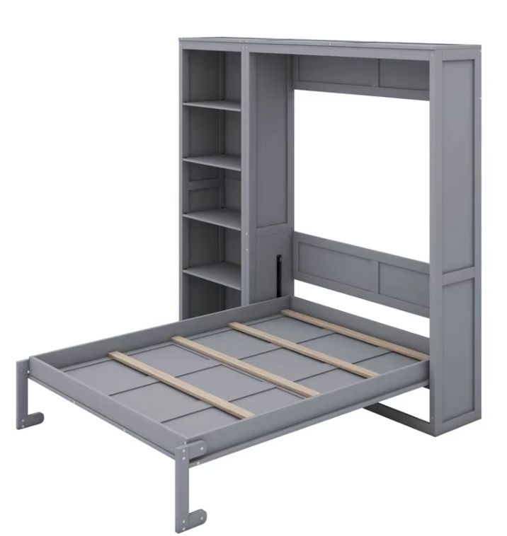 Elegant Solid Oak Queen-Size Murphy Bed with Wall-mounted Shelves Elegant Wood Panel Style