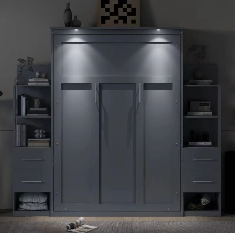 Full-Size Murphy Bed with LED Lights Wall-mounted Shelves Drawers