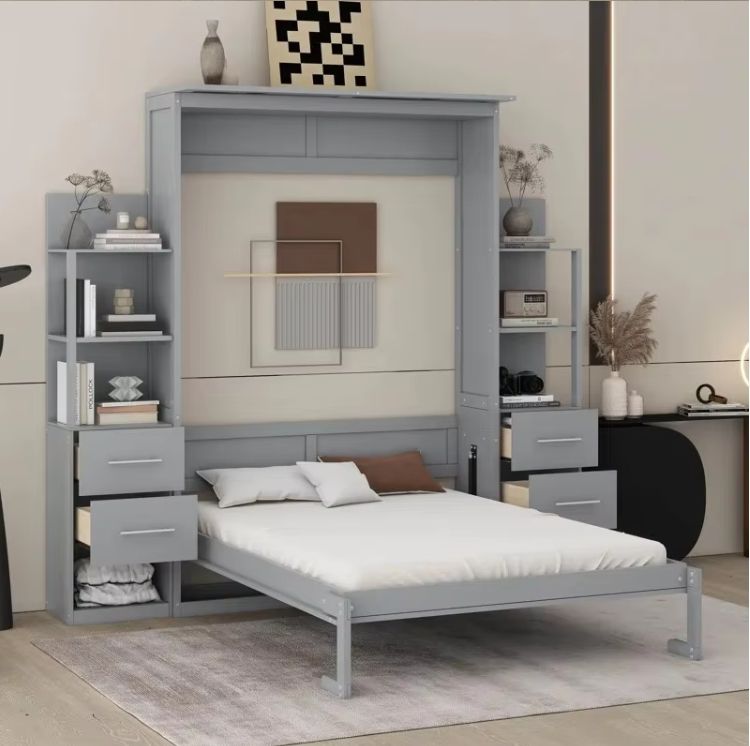 Full-Size Murphy Bed with LED Lights Wall-mounted Shelves Drawers