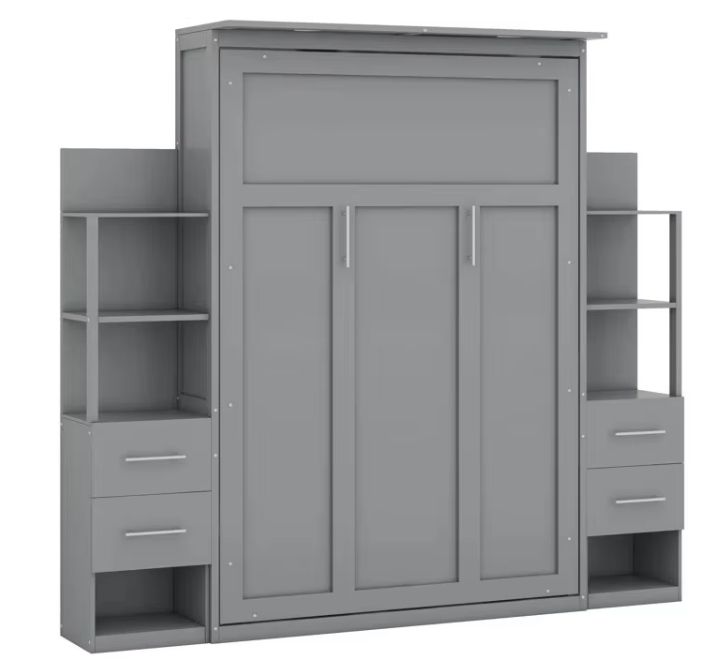 Full-Size Murphy Bed with LED Lights Wall-mounted Shelves Drawers