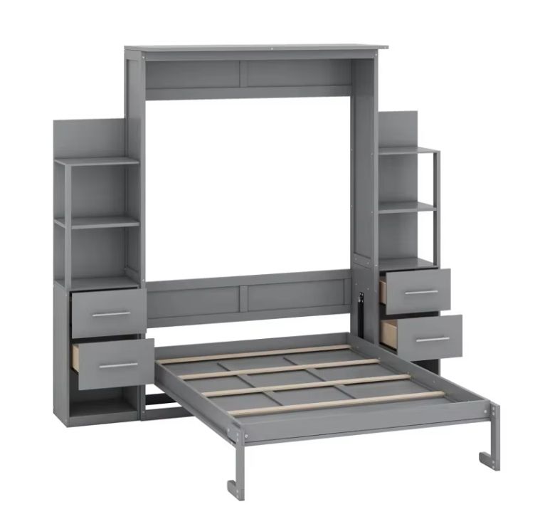 Full-Size Murphy Bed with LED Lights Wall-mounted Shelves Drawers