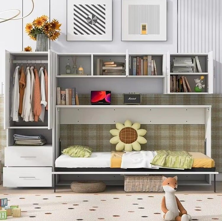 Twin Size Murphy Bed with Open Shelves Storage Drawers Built-In Wardrobe