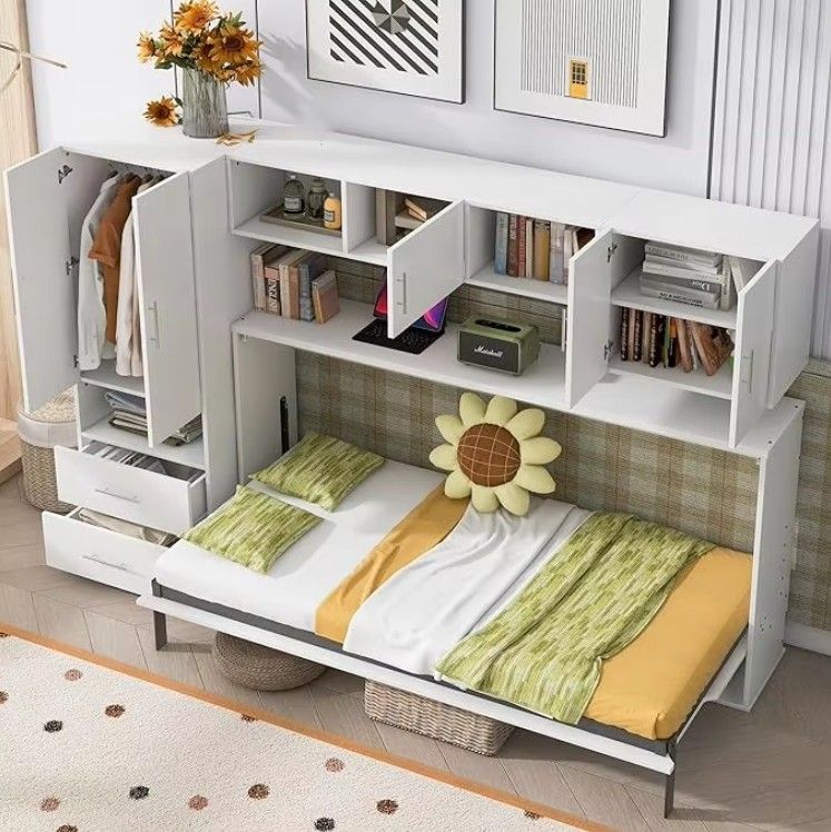 Twin Size Murphy Bed with Open Shelves Storage Drawers Built-In Wardrobe