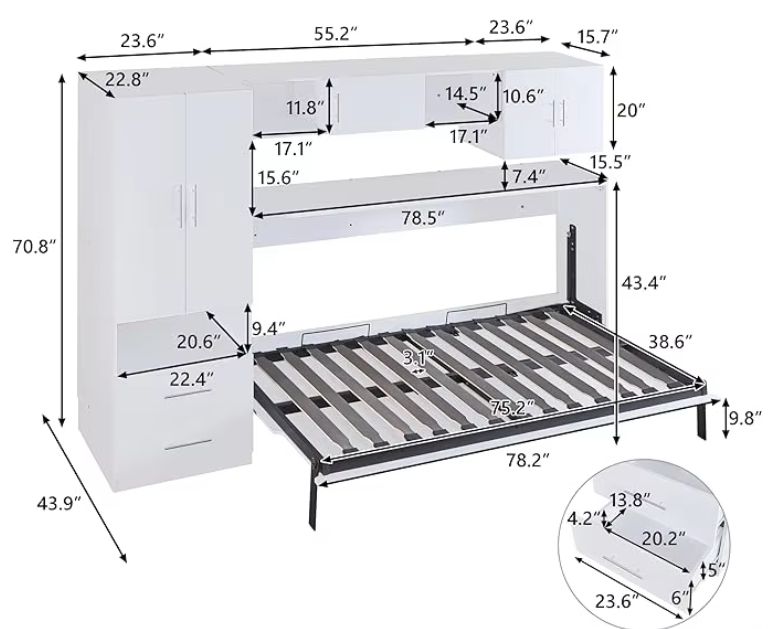 Twin Size Murphy Bed with Open Shelves Storage Drawers Built-In Wardrobe