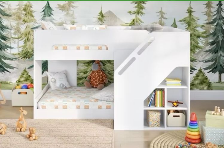 Modern Design Wood Style Bunk Bed with Staircase Panel Low Bunk Bed Made of Metal and Plywood/MDF for Home Furniture