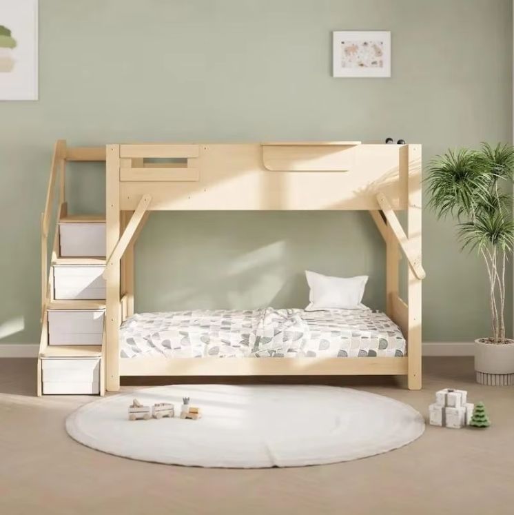 Solid Pine Wood King Single Bunk Bed with Staircase Kids Children's Home Furniture for Bedroom Use