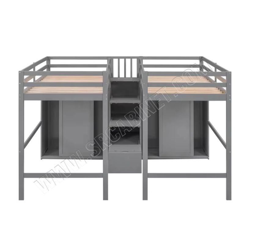 Modern Double Loft Bed with Solid Wood New Design Convertible Feature 2 Wardrobes