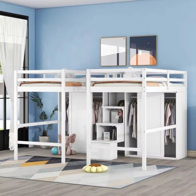 Double Loft Wooden Beds with 2 Wardrobes and Storage Stairs