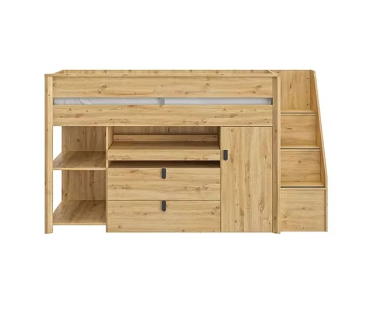 Solid Pine Wood Modern Design Double Size Home Furniture 90x200 High Bed with Desk and Storage Cabinet for Bedroom