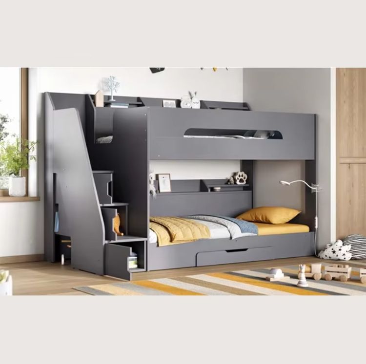 Modern Style Kids' Room Furniture Grey Wooden Slick Staircase Bunk Bed with Storage