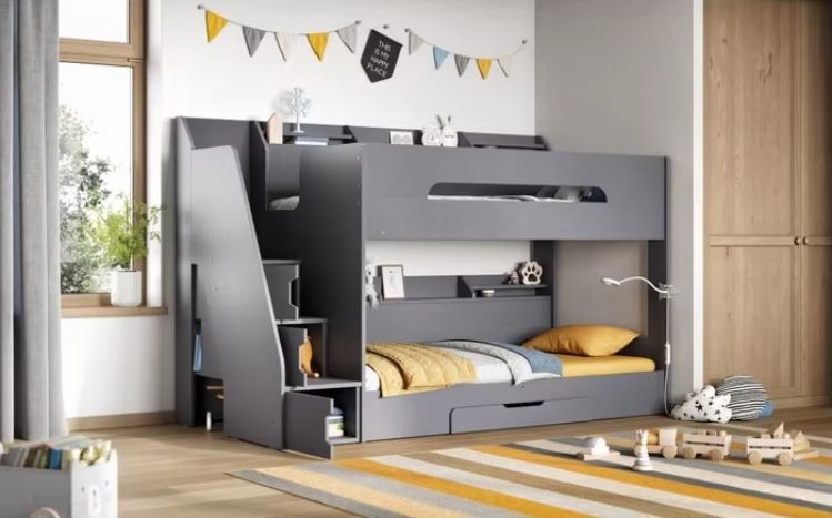 Modern Style Kids' Room Furniture Grey Wooden Slick Staircase Bunk Bed with Storage