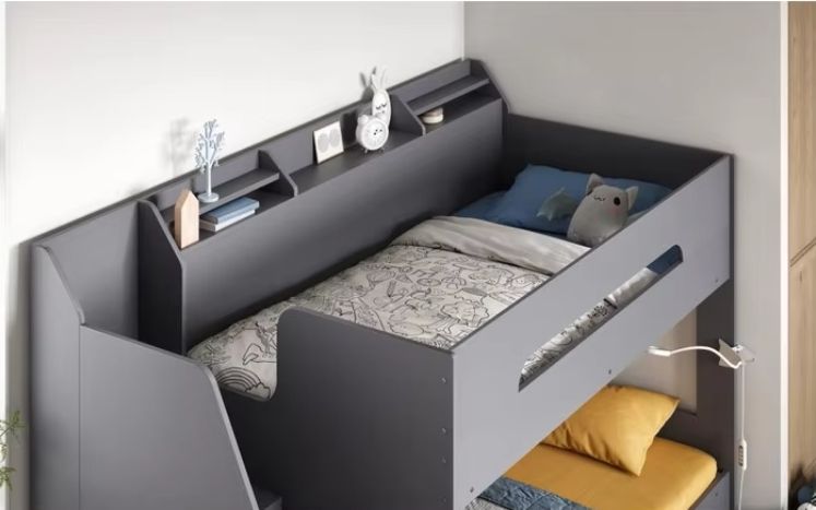 Modern Style Kids' Room Furniture Grey Wooden Slick Staircase Bunk Bed with Storage