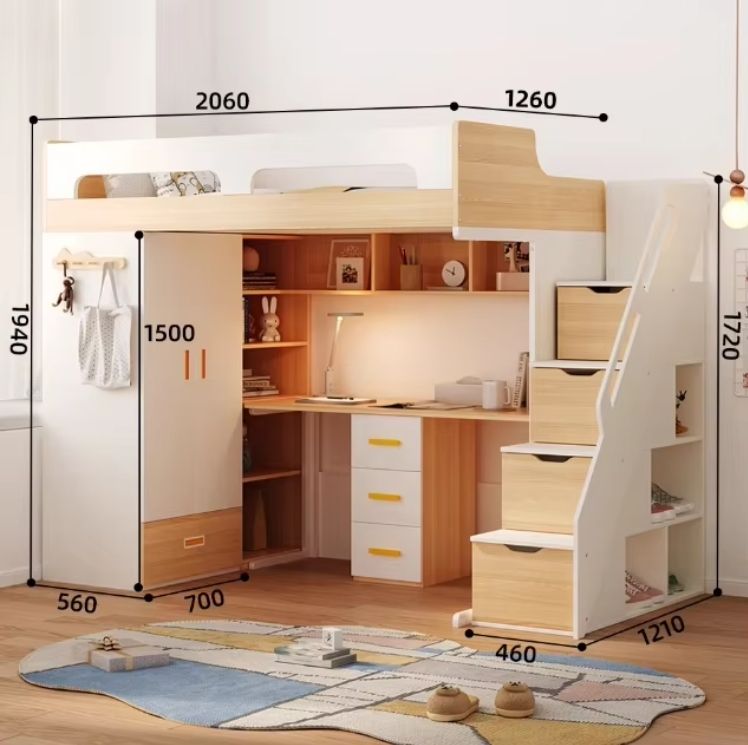Small Space Saving Combination Bed Girls Boys Study Room Bunk Bed Desk Kids Elevated Study Table