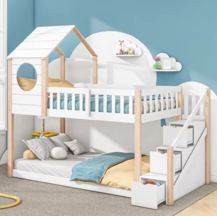 90*190 cm Extendable Wood House Panel bunk bed frame with ladder storage space cabin bed for home furniture or apartment use