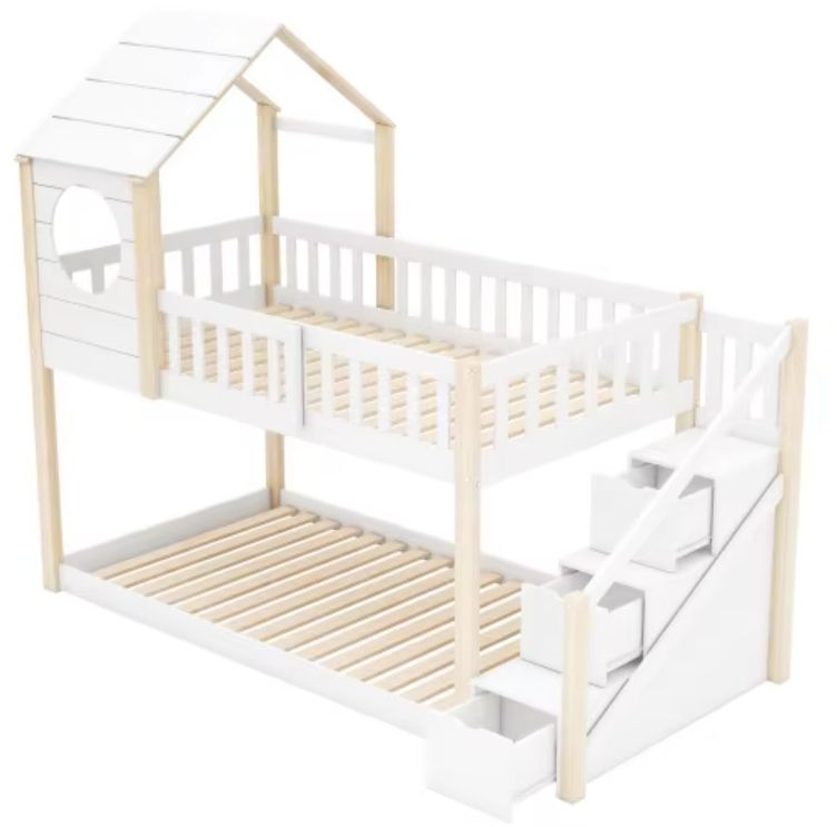 90*190 cm Extendable Wood House Panel bunk bed frame with ladder storage space cabin bed for home furniture or apartment use