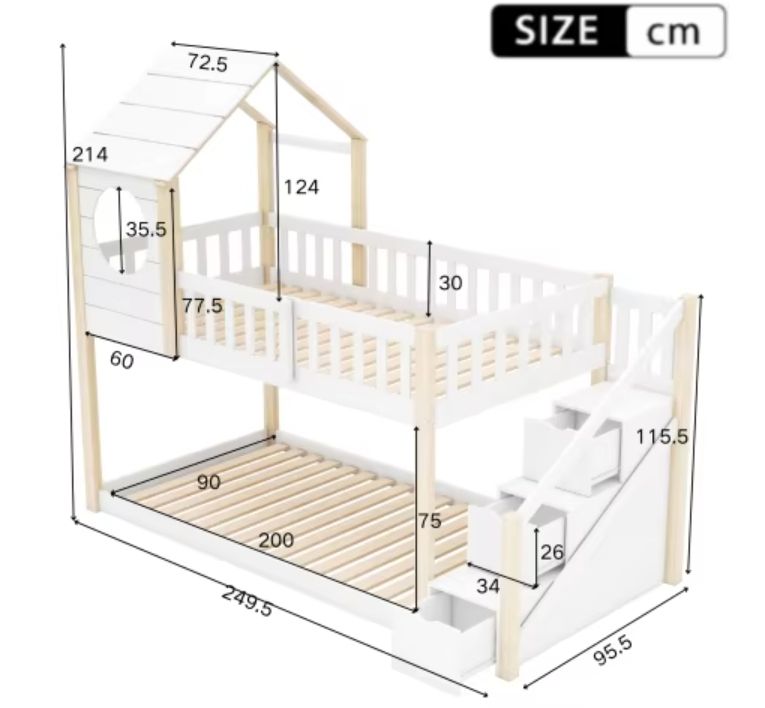 90*190 cm Extendable Wood House Panel bunk bed frame with ladder storage space cabin bed for home furniture or apartment use
