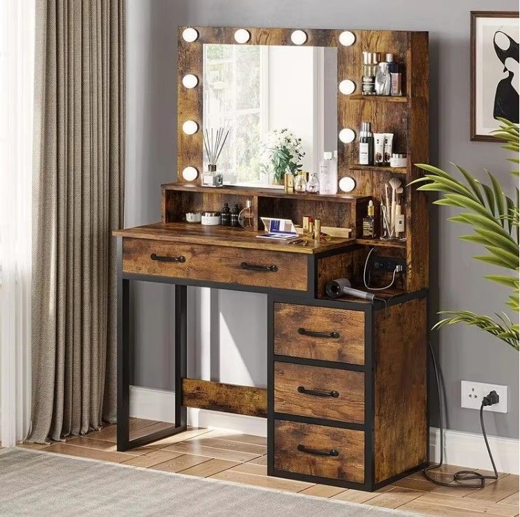 Large Wood Bedroom Furniture Revolving Vanity Dressing Makeup Table with Drawers Removable MDF Makeup Mirror Laundry