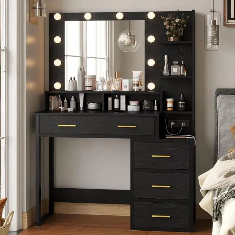 Large Wood Bedroom Furniture Revolving Vanity Dressing Makeup Table with Drawers Removable MDF Makeup Mirror Laundry