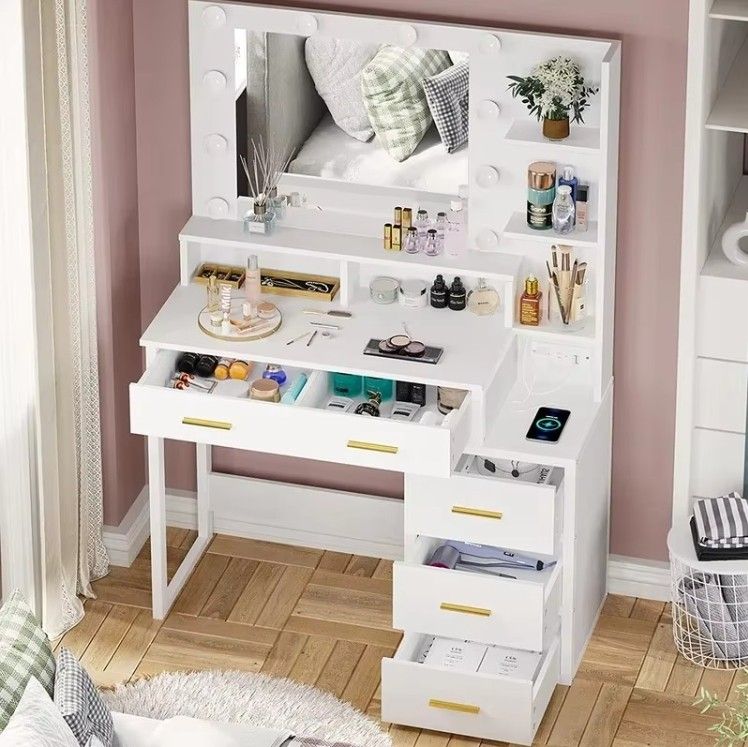 Large Wood Bedroom Furniture Revolving Vanity Dressing Makeup Table with Drawers Removable MDF Makeup Mirror Laundry