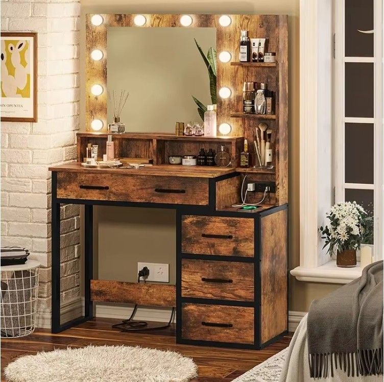 Large Wood Bedroom Furniture Revolving Vanity Dressing Makeup Table with Drawers Removable MDF Makeup Mirror Laundry