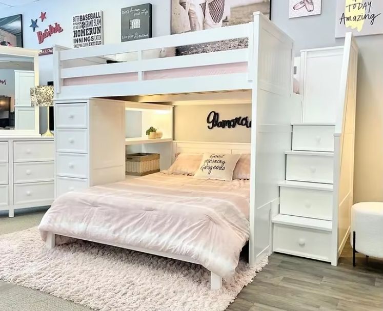 Modern Wood Multifunctional Loft Bed with Full/Full Beadboard Design for Kids Adults in Bedroom or Hotel Includes Desk Stairs