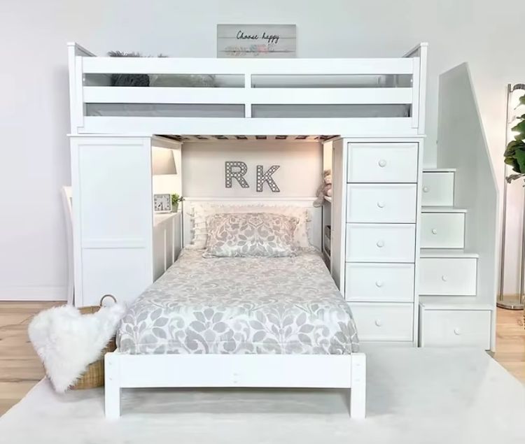 Modern Wood Multifunctional Loft Bed with Full/Full Beadboard Design for Kids Adults in Bedroom or Hotel Includes Desk Stairs