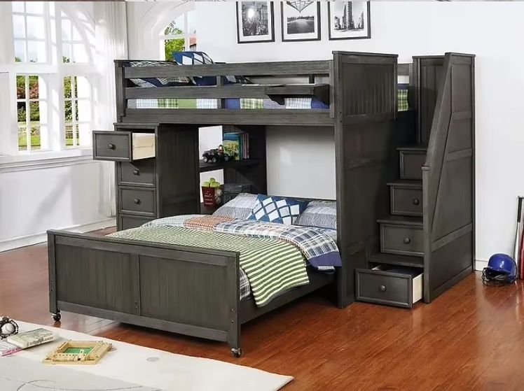 Modern Wood Multifunctional Loft Bed with Full/Full Beadboard Design for Kids Adults in Bedroom or Hotel Includes Desk Stairs