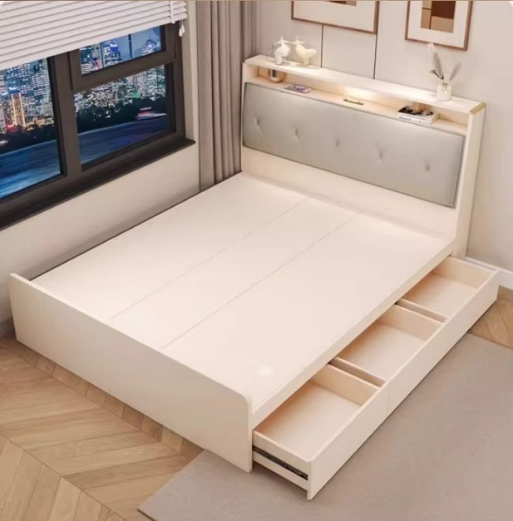 Simple Modern Cream 1.2-Meter Tatami Box Single Bed Teak High Box Home Furniture Storage Board Bed