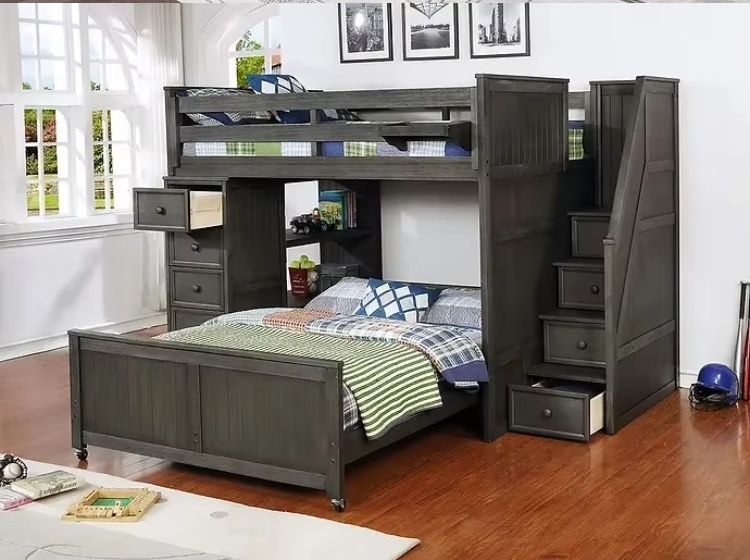 Modern Wood Multifunctional Loft Bed with Full/Full Beadboard Design for Kids Adults in Bedroom or Hotel Includes Desk Stairs