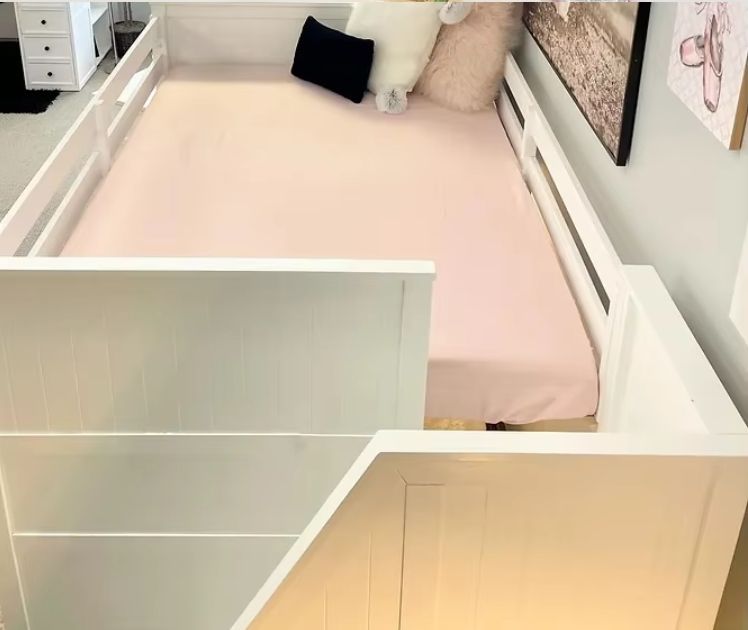 Multifunctional Full/Full Beadboard Design Twin Loft Bed Desk Stairs Kids Adults Use Wood Material