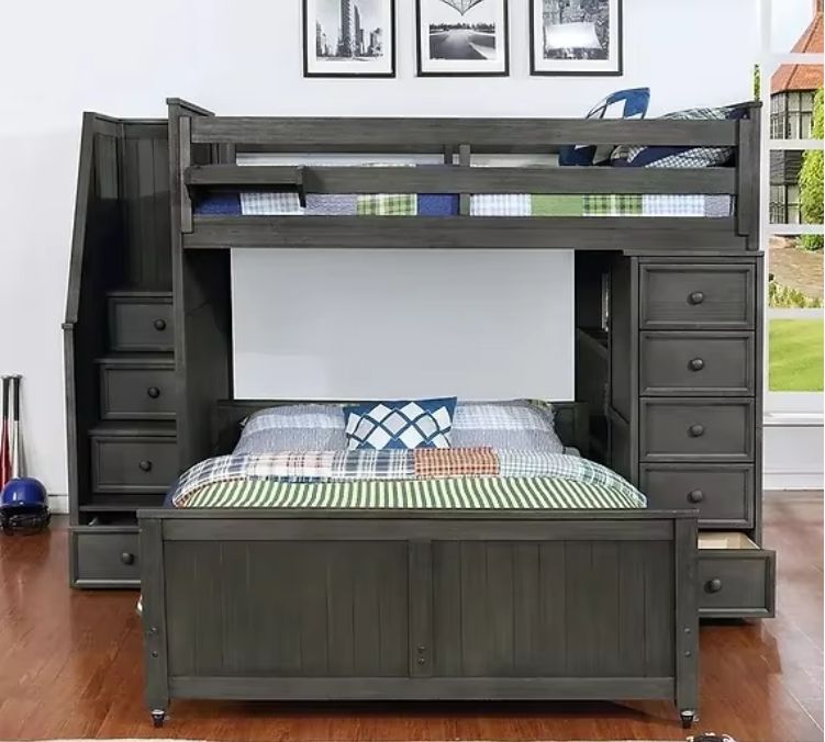 Multifunctional Full/Full Beadboard Design Twin Loft Bed Desk Stairs Kids Adults Use Wood Material