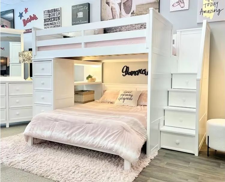 Multifunctional Full/Full Beadboard Design Twin Loft Bed Desk Stairs Kids Adults Use Wood Material