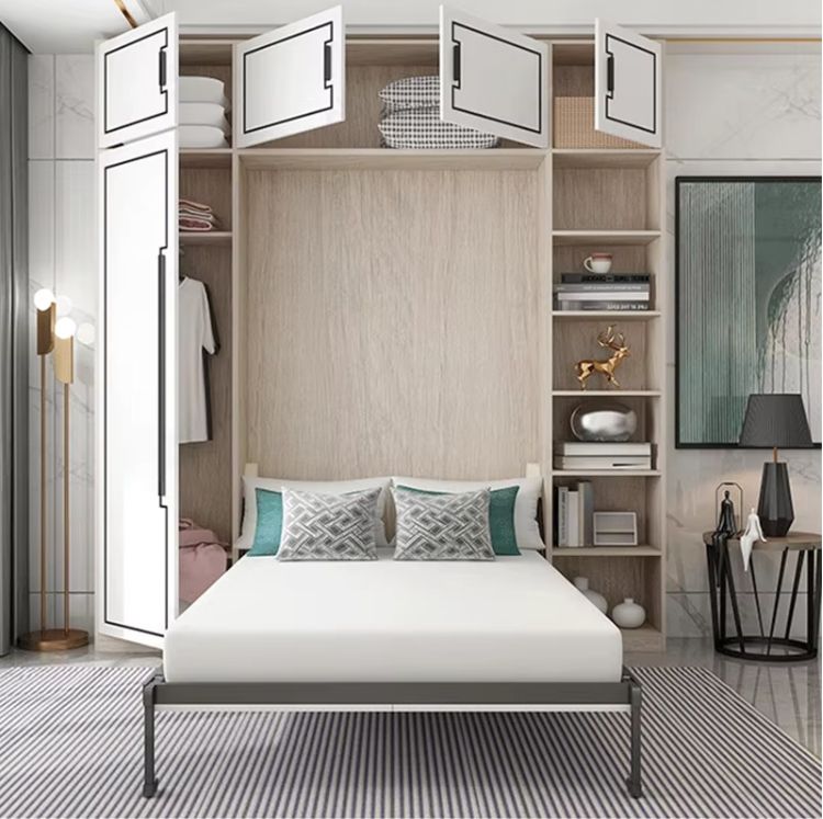 Contemporary simple invisible beds wardrobe white wood folding bed with cabinet for bedroom