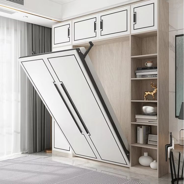 Contemporary simple invisible beds wardrobe white wood folding bed with cabinet for bedroom