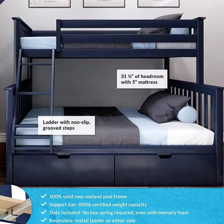 Easy to Assemble Blue Twin-Over-Full Wood Beds Frame Bunk Bed with Storage Drawers for Kids