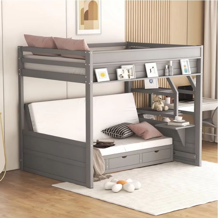 kids Bed Wood Twin Over Twin bunk Bed with Trundle and Storage