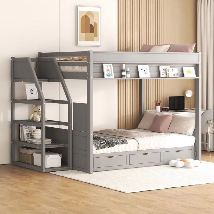 kids Bed Wood Twin Over Twin bunk Bed with Trundle and Storage
