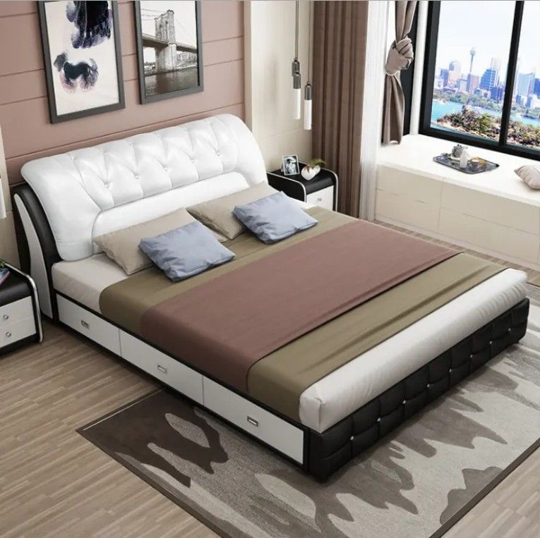 Nordic Modern Leather Fabric Double Storage Bed Light Luxury Bedroom Tatami Upholstered Soft Bed with Storage for Home Hotel