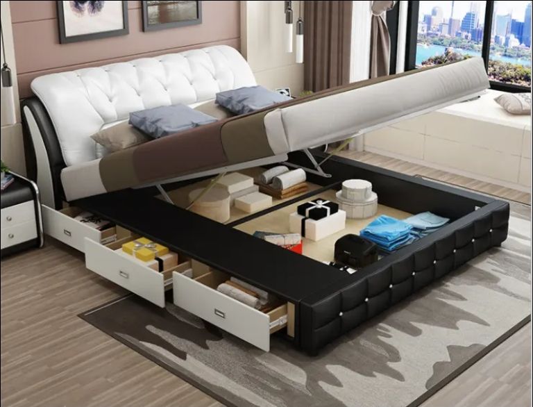 Nordic Modern Leather Fabric Double Storage Bed Light Luxury Bedroom Tatami Upholstered Soft Bed with Storage for Home Hotel