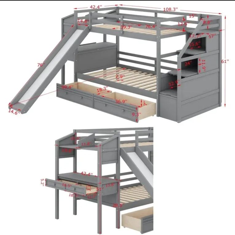 Solid Pine Wood Twin Bunk Bed with Storage Staircase Slide and Drawers for Kids' Bedroom