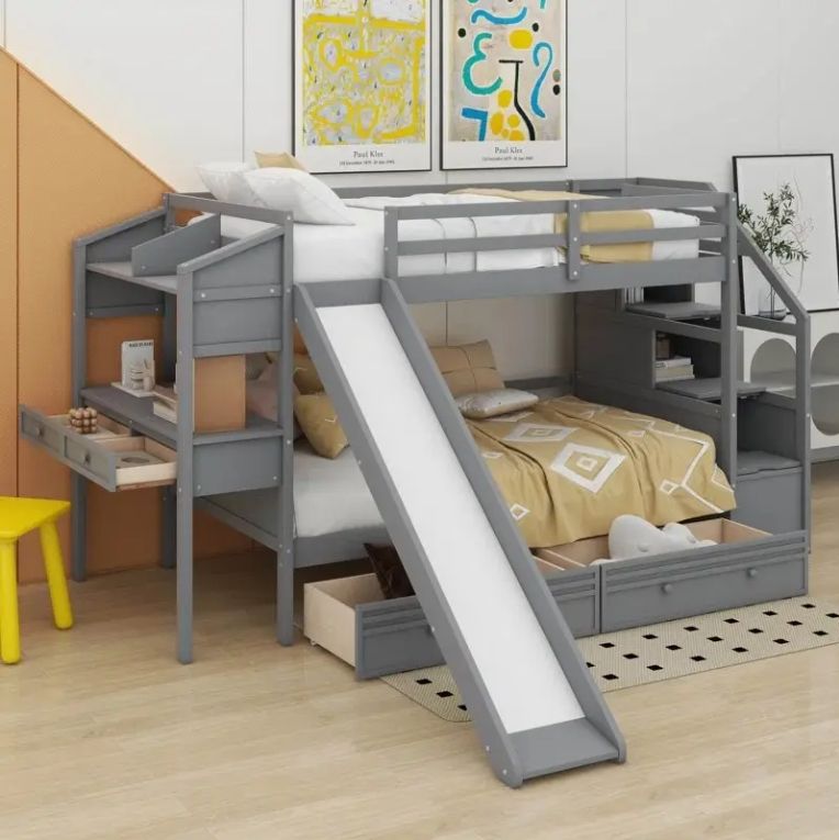 Solid Pine Wood Twin Bunk Bed with Storage Staircase Slide and Drawers for Kids' Bedroom