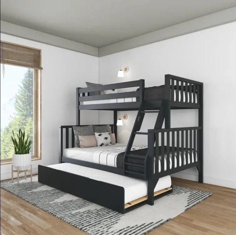 Solid Wood Twin over Full Bed with Trundle for Kids for Bedroom School Hotel Living Room or Apartment
