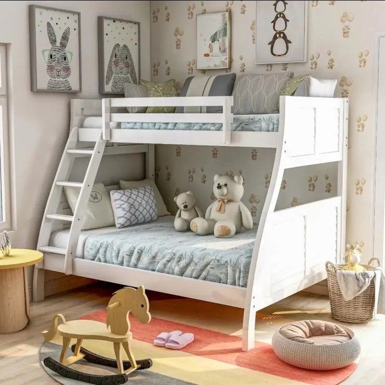 Solid Wood Twin over Full Bed with Trundle for Kids for Bedroom School Hotel Living Room or Apartment