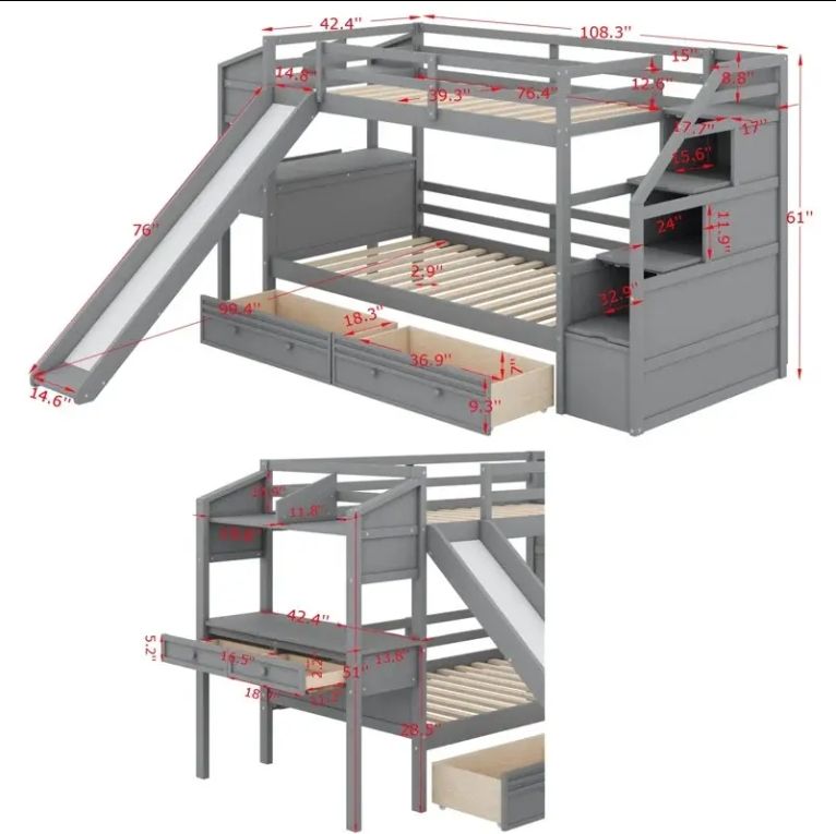 Solid Wood Twin Bunk Bed with Storage Staircase Slide Drawers for Modern Bedroom Use